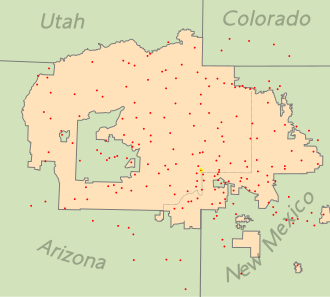 Map showing populated places on the Navajo Nation and surrounding area