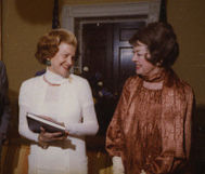 Ford hosts actress Rosalind Russell at the White House on May 11, 1976. Russell was suffering from breast cancer, and would die 6 months later.