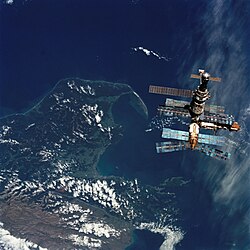 Mir in 1996 as seen from Space Shuttle Atlantis during STS-76