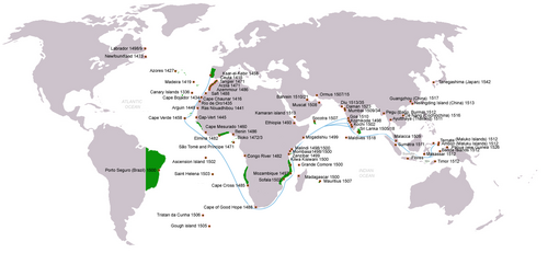 Portuguese discoveries and explorations since 1336: first arrival places and dates; main Portuguese spice trade routes in the Indian Ocean (blue); territories claimed by King John III of Portugal (c. 1536) (green)