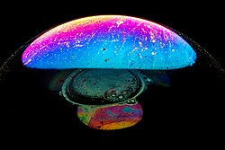 A single soap bubble displaying three layers