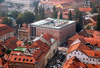 The panoramic view of the National and University Library of Slovenia from Ljubljana Castle.
