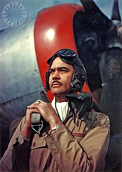 Colonel Davis standing near the nose of a P-47 Thunderbolt, 1944