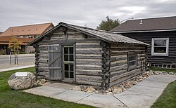 The cabin inhabited by Johnson in the 1880s in Montana, moved into Red Lodge, Montana and on display at the tourism office