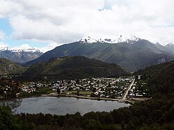 The town of Futaleufu and Laguna Espejo at the foot of Sierra Teta