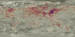 Sulfur dioxide in the world on April 15, 2017. Note that sulfur dioxide moves through the atmosphere with prevailing winds and thus local sulfur dioxide distributions vary day to day with weather patterns and seasonality.