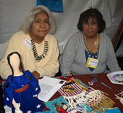 Donna Standing Steinberg, Kiowa/Wichita, and Josephine Parker, Kiowa, with their beadwork