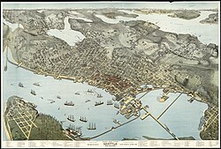 An 1891 aerial view of Seattle and surrounding King County[27]