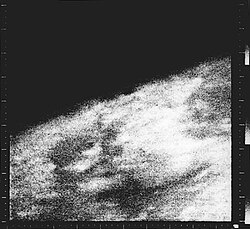 The first close-up images taken of Mars in 1965 from Mariner 4 show an area about 330 km across by 1200 km from limb to bottom of frame.