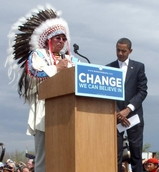 Crow Tribal Chairperson Carl Venne and Barack Obama on the Crow Indian Reservation in Montana on 19 May 2008. Obama was the first presidential candidate to visit the Crow Tribe.
