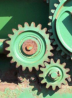 The small gear in this piece of farm equipment has 13 teeth, a prime number, and the middle gear has 21, relatively prime to 13.