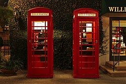 Replicas of British red telephone boxes in South Lake, Pasadena, California