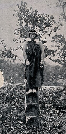 A machi standing on their rewe, the timber structure they climb onto while in a trance-state