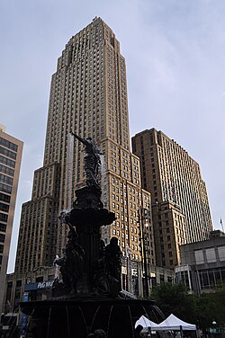 Carew Tower, the city's second-tallest building, and The Genius of Water, a symbol of Cincinnati