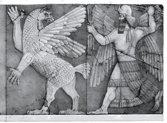 Assyrian stone relief from Ninurta's temple at Kalhu: Ninurta chasing Anzû, who stole the Tablet of Destinies from Enlil's sanctuary[22]: 142