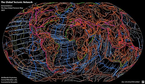 The Tectonic Network of Earth. Legend: Brown: Terrane (microplate) boundaries in the continents and Mobile Belts, Cyan: Terranes of the Oceanic Plates, Blue: Oceanic transform faults; Red and orange: Fault zones in the Continental and Mountain belt domain; Purple: Main subduction zones and suture zones; Green: Continental margins