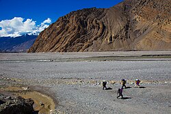 Folded layers of Himalayan rock, exposed in a cliff about 3 kilometres (1.9 mi) northeast of Jomsom, in the Kali Gandaki Gorge in Nepal