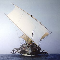 Samudra Raksa ship, a replica of Javanese 8th century double outrigger vessel depicted in Borobudur bas relief, now displayed in Samudra Raksa Museum
