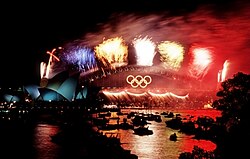 Olympic colours on the Sydney Harbour Bridge