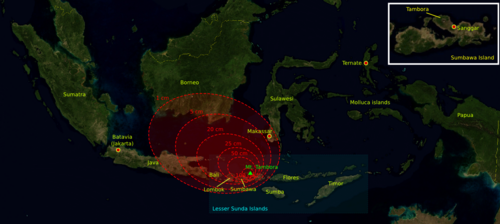 Estimated depth of volcanic ashfall during the 1815 eruption—the outermost region (1 cm) reached Borneo and the Sulawesi islands