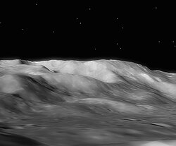 Artist view approaching the Selenian Summit heading SW, looking towards Engel'gardt crater.