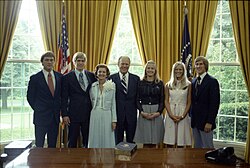 Ford (third from left) and her family in the Oval Office of the White House in 1974