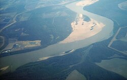 Shoals in the Mississippi River at Arkansas and Mississippi, USA.