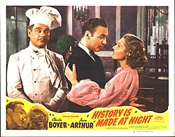 A lobby card for History Is Made at Night with Charles Boyer and Jean Arthur