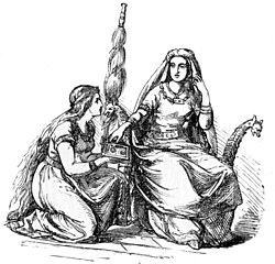 Frigg reaches into a box presented to her by a handmaid, Ludwig Pietsch, 1865