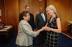 U.S. Secretary of Health and Human Services Kathleen Sebelius (right), Shalala (left), former Senate Majority Leader Bill Frist and former HHS Secretary Louis Wade Sullivan (background) in June 2010