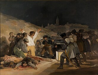 This painting, The Third of May 1808 by Francisco Goya, depicts the summary execution of Spaniards by French forces after the Dos de Mayo Uprising in Madrid.