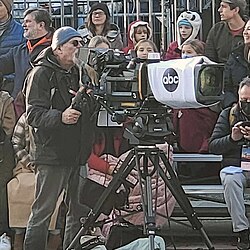 A cameraman for ESPN/ABC at the 2023 Rose Parade.