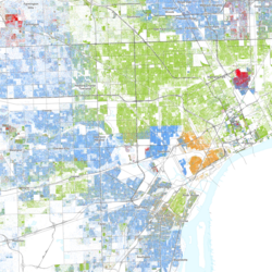 Map of racial distribution in Dearborn, 2020 U.S. census. Each dot is one person: ⬤ White ⬤ Black ⬤ Asian ⬤ Hispanic ⬤ Multiracial ⬤ Native American/other