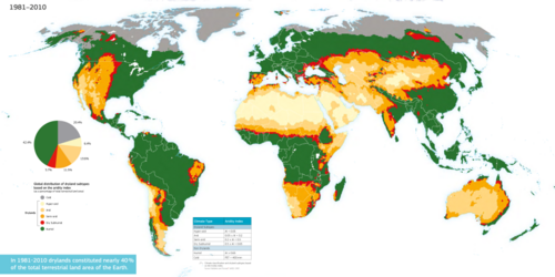 Global distribution of dryland areas based on the aridity index computed over a 30-year average during 1981 to 2010. Typical deserts are indicated by the hyper-arid category (light yellow).[1]