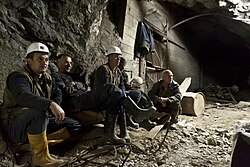 One of Kosovo's main economical sources is mining, because it has large reserves of lead, zinc, silver, nickel, cobalt, copper, iron and bauxite.[276] Miners at the Trepča Mines in Mitrovica, Kosovo in 2011.