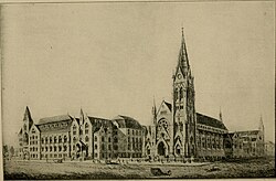 DuBourg Hall, the oldest building on SLU's campus, and St. Francis Xavier College Church in 1909