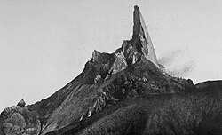 Southern face of Mount Pelée's lava spine showing the smoothly extruded eastern side