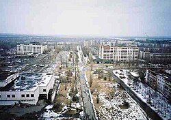 Abandoned apartment blocks with overgrown trees in Pripyat