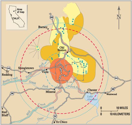A volcanic hazard map for Lassen Peak made by the United States Geological Survey. For basaltic volcanism, blue dots indicate vents, yellow space indicates lava flow zones, and orange space indicates ash fall hazard zones. For dacitic volcanism, triangles mark vents, dark pink dashed lines mark pyroclastic flow hazard zones, light pink spaces indicate mudflow zones, blue dashed lines indicate heavy ashfall zones, blue dotted lines mark moderate ash fall zones, and green spaces mark flood zones. Any red space indicates combined hazard zones (including lahars, pyroclastic flows, avalanches, and ash).