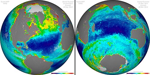 Ocean chlorophyll concentration is a proxy for phytoplankton biomass. In this map, blue colors represent lower chlorophyll and reds represent higher chlorophyll. Satellite-measured chlorophyll is estimated based on ocean color by how green the color of the water appears from space.