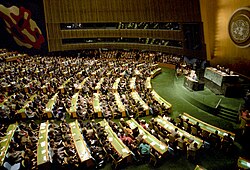 Mikhail Gorbachev, leader of the Soviet Union, addressing the UN General Assembly in December 1988