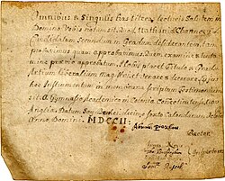 The first diploma awarded by Yale College, granted to Nathaniel Chauncey in 1702