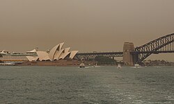Bushfire smoke over the Sydney Opera House and Sydney Harbour Bridge on 29 December