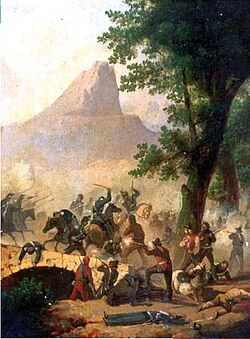 Skirmish between brigands and troops in the countryside