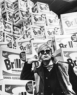Warhol amid his Brillo Box sculptures at the Moderna Museet in Stockholm, 1968