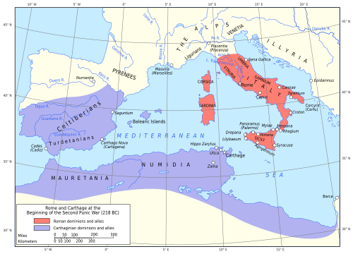 The Roman Republic in 218 BC after having managed the conquest of most of the Italian Peninsula, on the eve of its most successful and deadliest war with the Carthaginians