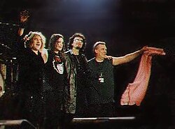 Black Sabbath on stage in Stuttgart in December 1999 (left to right: Butler, Osbourne, Iommi, Ward)