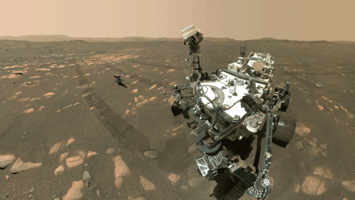 Self-portrait of Perseverance rover and Ingenuity helicopter (to the left) located at Wright Brothers Field, the Ingenuity helicopter drop site (7 April 2021)