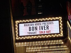 A marquee outside The Anthem advertises a sold-out Bon Iver concert