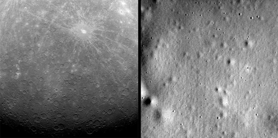 MESSENGER's first (March 29, 2011) and last (April 30, 2015) images from Mercury's orbit (impact details).